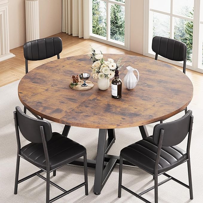 51“ Round Kitchen Dining Room Table for 6-8, Circle Dining Dinner Table with Pedestal Metal Frame, Space Saving Wood Industrial Furniture for Small Space (Rustic Brown, 51In)
