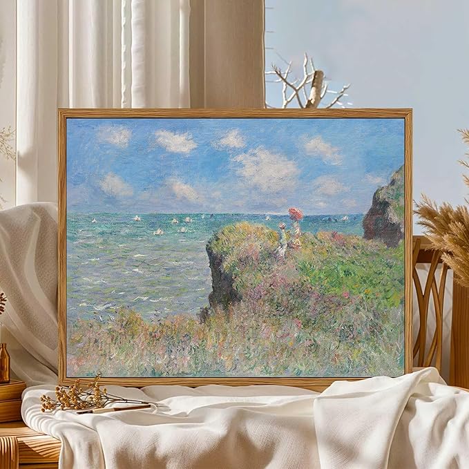 Framed Vintage Monet Wall Art Coastal Decor – Impressionist Seaside Oil Painting Canvas Prints – Nature Beach Scene Landscape Aesthetic Wall Decor for Living Room Bedroom Bathroom – 12"x16"