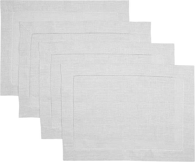D'Moksha Homes Silver Grey Linen Cloth Placemats Set of 4-100% Pure Linen Hemstitch Placemats 14 x 19 Inch - Classic Hemstitch Table Place Mats for Fall, Halloween - Handcrafted and Machine Washable