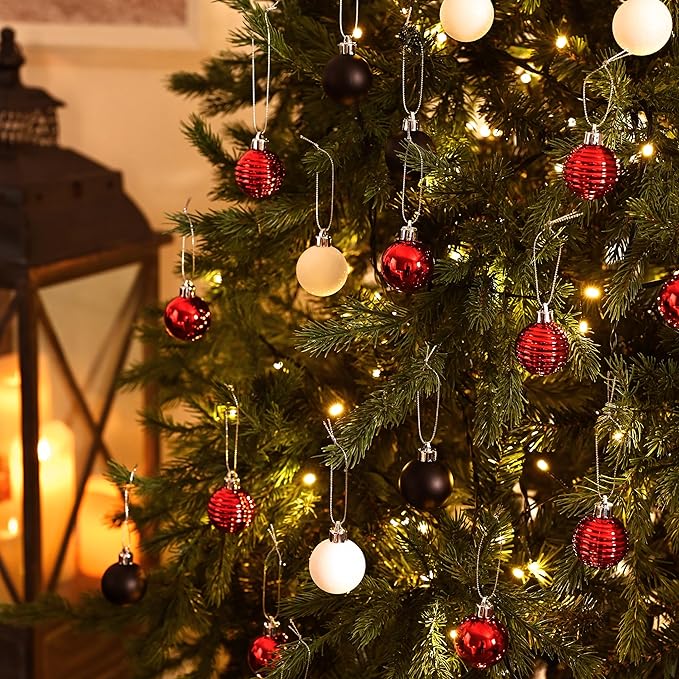 Valery Madelyn 1.57 Inches Small Christmas Tree Decorations Ornament Set for 4th of July Fall Halloween, 24ct Red and Black Shatterproof Hanging Ball Ornaments Holiday Party Decor