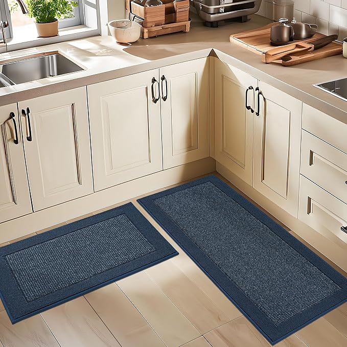 BEQHAUSE Kitchen Rugs and Mats Set of 2 Non-Slip Kitchen Mats for Floor, Absorbent and Stain Resistant Kitchen Runner, Machine Washable Rugs for Kitchen, Laundry & Sink, 20"x32"+20"x48", Blue