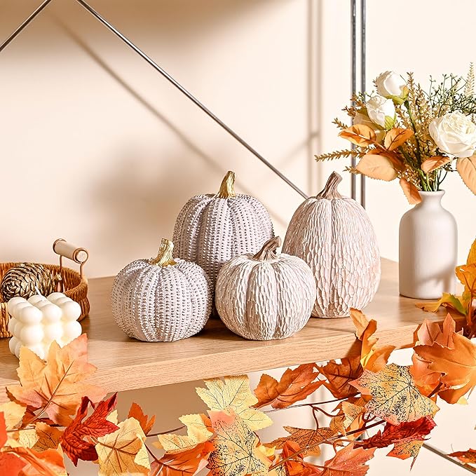Fall Pumpkin Decor, Resin Pumpkin Figurine Set of 2, Decorative Fake Pumpkin for Decorating, Light Gray and Gold Glitter Pumpkins with Dots for Home Table Centerpiece, Wedding, Thanksgiving