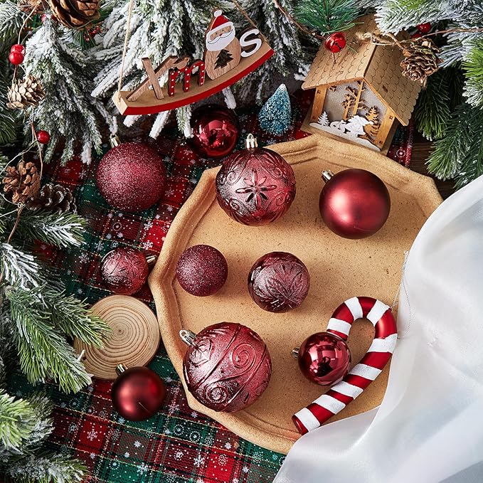 Wironlst Christmas Ball Ornaments - 30pcs Shatterproof Plastic Christmas Ornaments Hanging Ball Decorations for Xmas Tree, Holiday, Wedding, Party (Multi-Size, Burgundy)