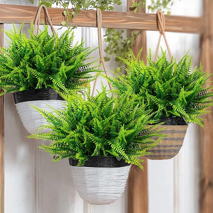 12 Bundles Artificial Fake Plants for Outdoor Faux Boston Fern for Home Decor UV Resistant Fake Plants Greenery for Front Porch Planter Indoor or Outdoor (Green)