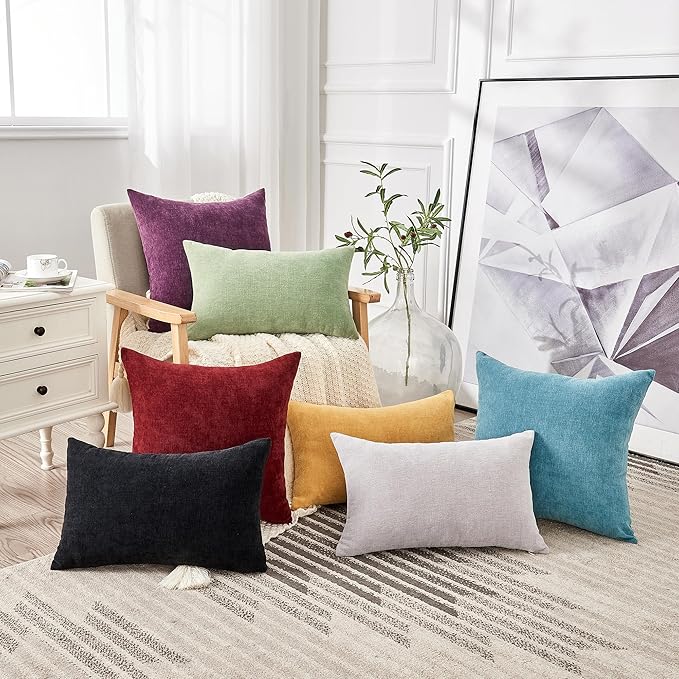 GAWAMAY Decorative Chenille Throw Pillow Covers 24x24 Inch Pack of 2, Soft Square Couch Pillow Cover for Sofa Cushion Living Room Bedroom Solid Dyed Pillowcases Smoke Blue 60x60cm (ONLY Covers)