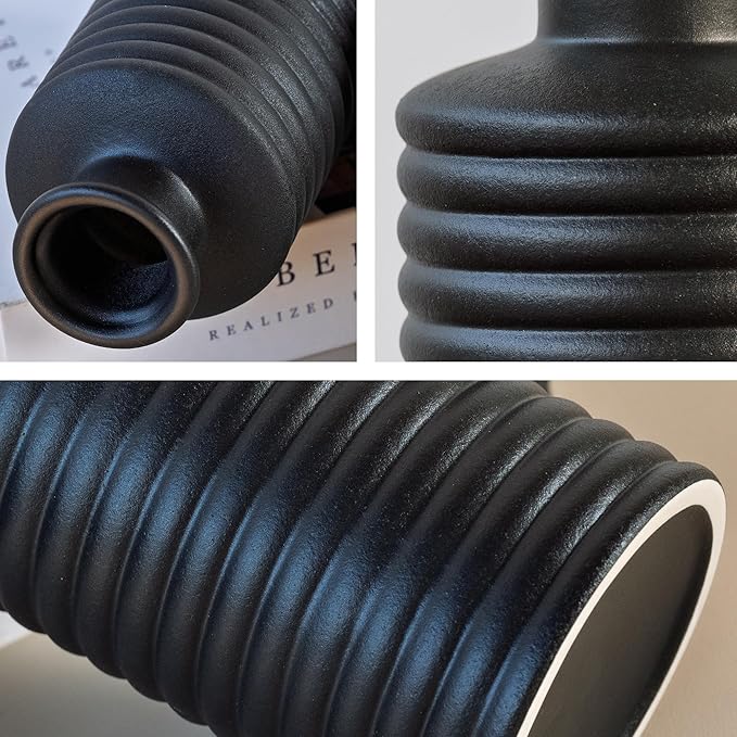 Black Ceramic Vases for Home Decor, Modern Farmhouse Frosted Semi Matte Textured Decorative Vase Set, Unique Vase for Entryway, Coffee Table, Shelf, Small Pampas Grass and Flowers