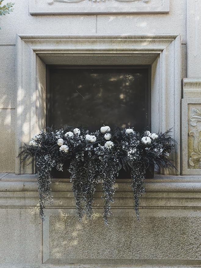 12Pcs Outdoor Artificial Boxwood UV Resistant Fake Stems Plants, Black Artificial Flowers Faux Flowers for Autumn Home Kitchen Wedding Table Centerpiece Halloween Thanksgiving Decorations