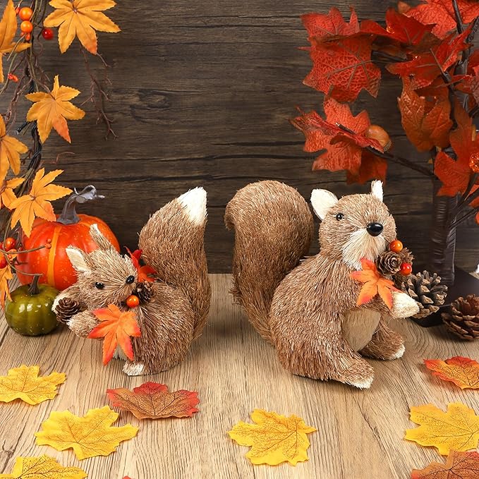 winemana Set of 2 Fall Table Decor-Squirrels with Leaves Pine Cones Thanksgiving Home Decorations Indoor Sisal Figurines, Cozy Fall Office Harvest Centerpiece Christmas Kitchen Décor