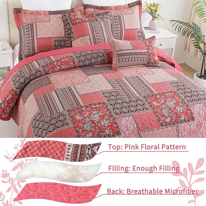 VAPUTAR Cotton Quilts Queen Size, Farmhouse Bedspreads Queen Size (90 * 98 in) - 3 Pieces Pink Lightweight Patchwork Floral Queen Quilt Bedding Set, Queen Coverlet Set Suitable for All Season