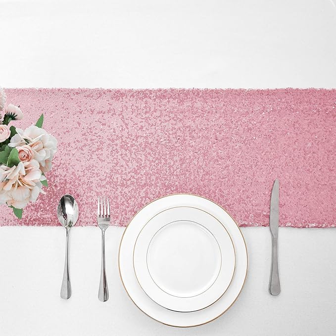 10 Packs 12 x 108 inches Rose Pink Sequin Table Runner, Glitter Pink Table Runner for Wedding Birthday Bachelorette Holiday Party Supplies Decorations Bridal Shower Baby Shower