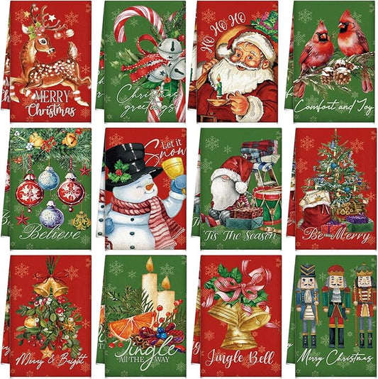 12 Pcs Christmas Kitchen Towels and Dishcloths Absorbent Christmas Tree Reindeer Truck Hand Dish Towels Decoration for Xmas Home Gift Supplies, 14.2 x 21.3 Inch (Exquisite Style)