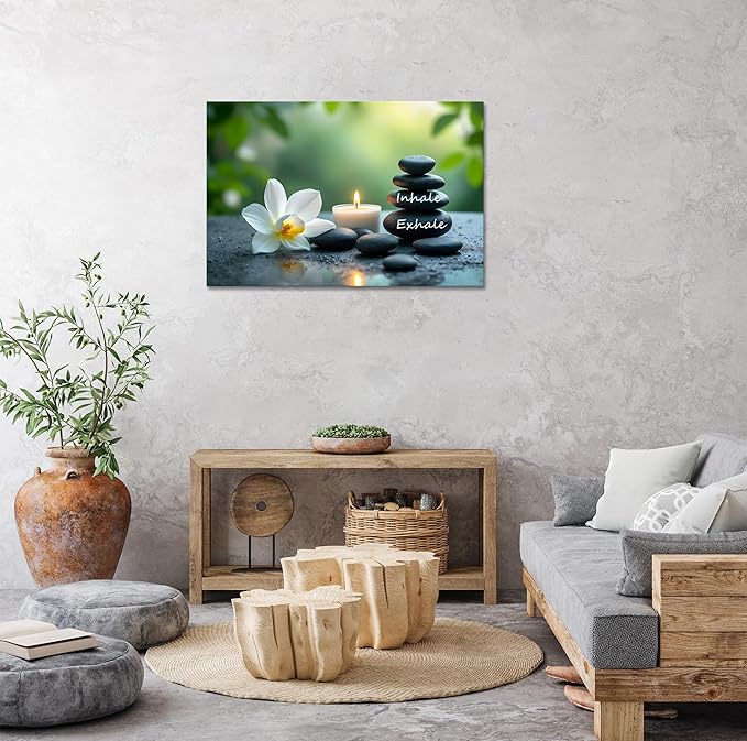 YIOZHAOFH Louts Wall Art Yoga Room Painting Zen Office Decor Women Spa Picture Calming Relax Canvas Prints Inhale Exhale Artwork Framed for Living Room Ready to Hang (12L" x 16W")
