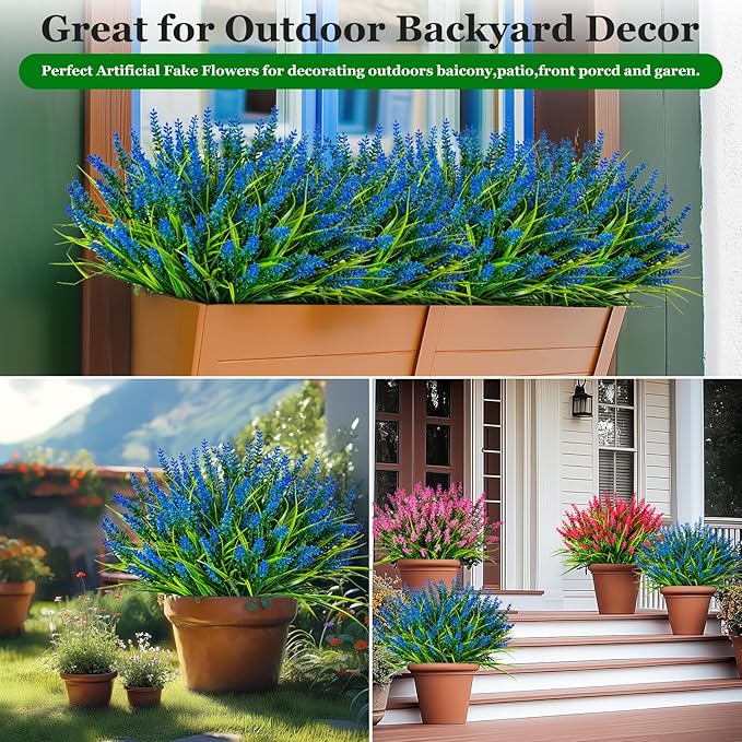 Artificial Flowers for Outdoor Plants 24 Bundles Fake Lavender Plastic Faux Monkey Grass for Verandah Window Garden Office Patio Front Porch UV Resistant for Planter(Blue)