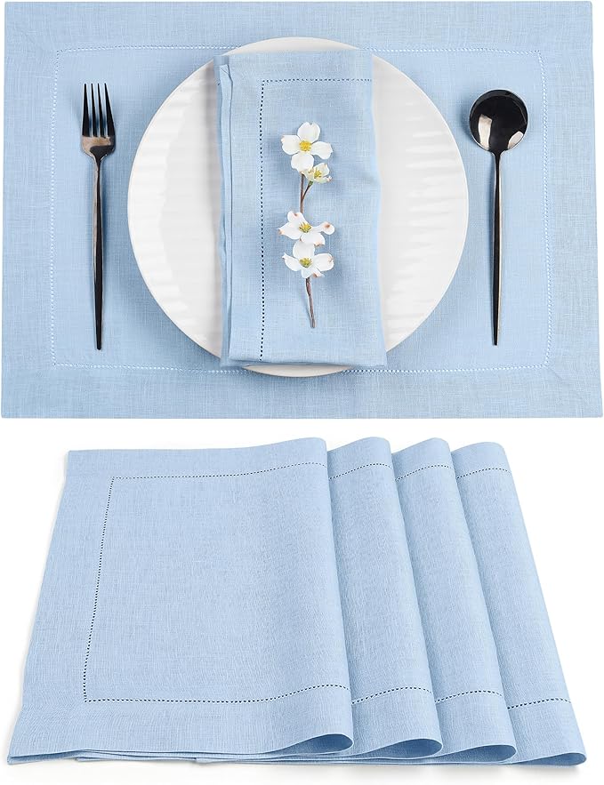 D'Moksha Homes Powder Blue Linen Cloth Placemats Set of 4-100% Pure Linen Hemstitch Placemats 14 x 19 Inch - Classic Hemstitch Table Place Mats for Fall, Halloween - Handcrafted and Machine Washable