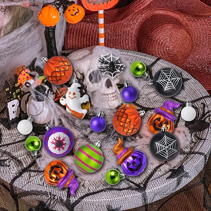 42PCS Halloween Ornaments Tree Decorations, Shatterproof Hanging Ball Set with Ghost Pumpkin Spider Bat Web Designs, Hanging Ball Ornaments for Small Halloween Tree, Holiday Party Indoor Home Decor