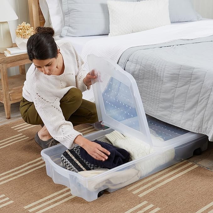 Rubbermaid 70 Quart Under the Bed Low Profile Storage Boxes with Dual Hinged Lids and Easy Rolling Caster Wheels, Clear, 2 Pack