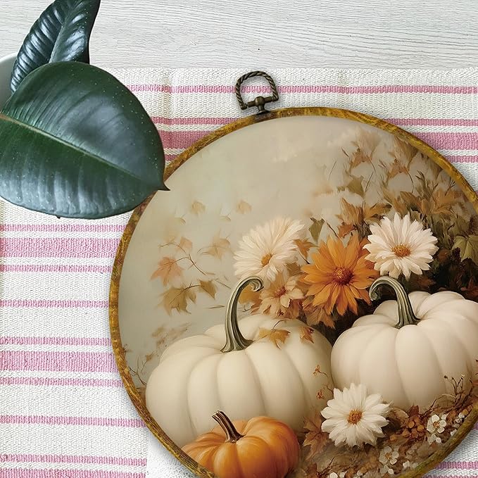 Mcehtle Vintage Fall Pumpkin Wall Art Decor, Retro Autumn Harvest White Pumpkin Floral Framed Canvas Prints 10x10, Rustic Farmhouse Round Wall Hanging Artwork Decorations for Bedroom Living Room Home