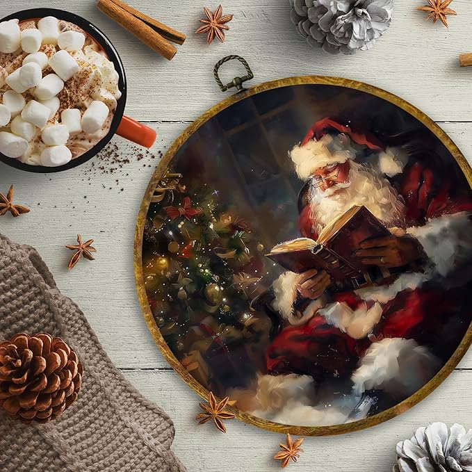 CUANFDDSF Vintage Christmas Santa Reading Round Wall Art Decor, Cozy Xmas Tree Santa Claus Holiday Wall Hanging Frame Decor, Winter Christmas Canvas Prints Decorations for Home Bedroom, 10x10 Inch