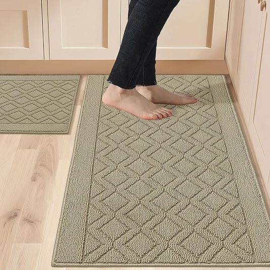 COSY HOMEER 48x20 Inch/30X20 Inch Kitchen Rug Mats Made of 100% Polypropylene 2 Pieces Soft Kitchen Mat Specialized in Anti Slippery and Machine Washable for Home Kitchen,Beige
