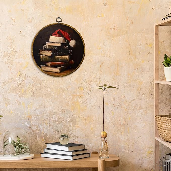 CUANFDDSF Vintage Christmas Book Round Wall Art Decor, Dark Moody Reading Bookish Wall Hanging Frame Decor, Antique Christmas Holiday Canvas Prints Decorations for Reading Room Library, 10x10 Inch