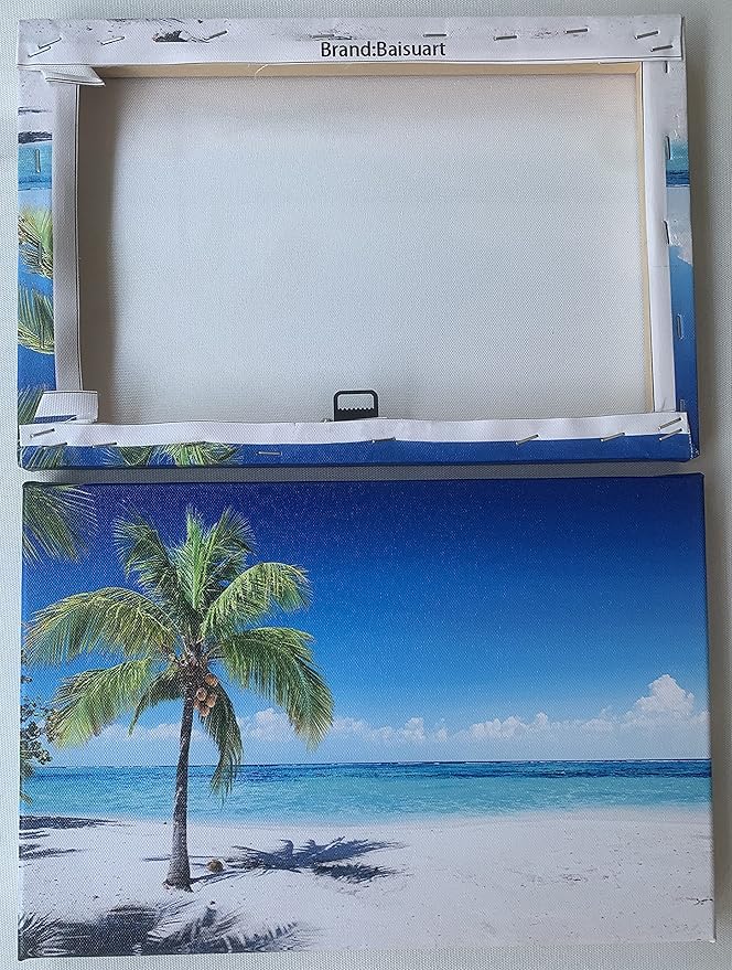 Baisuart-Large Canvas Wall Art Summer Ocean Waves Coconut Trees on Sands Beach Seascape Painting Sea Nature Pictures for Living Room Home Office Wall Decor Artwork