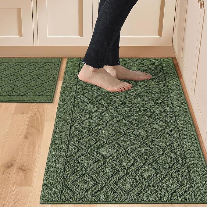 COSY HOMEER 48x20 Inch/30X20 Inch Kitchen Rug Mats Made of 100% Polypropylene 2 Pieces Soft Kitchen Mat Specialized in Anti Slippery and Machine Washable for Home Kitchen,Green