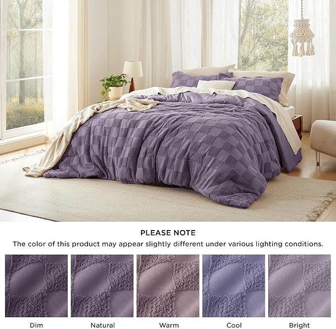 Bedsure King Size Comforter Set Grayish Purple, Boho Tufted Bed Set, Checkered Farmhouse Shabby Chic Bedding, 3 Pieces, 1 Plaid Geometric Comforter and 2 Pillow Shams
