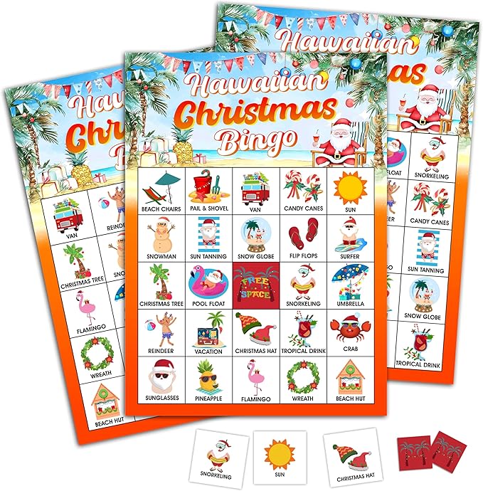 Hawaiian Christmas Bingo Games Cards, Summer Beach Party Game, Tropical Christmas Party Game Decor, Bingo Sets for Adults Large Group, Tropical Christmas Theme Party Activity Supplies -A02