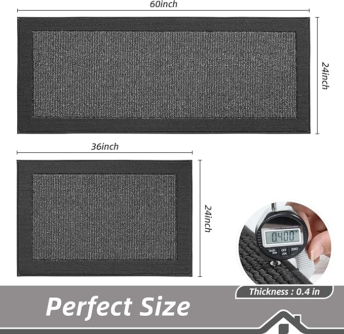 BEQHAUSE Kitchen Rugs and Mats Set of 2 Non-Slip Kitchen Mats for Floor, Absorbent and Stain Resistant Kitchen Runner, Machine Washable Rugs for Kitchen, Laundry & Sink, 24"x36"+24"x60", Charcoal