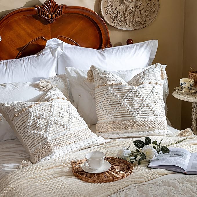 Cream White Boho Throw Pillow Cover 20X20, Boho Woven Textured Pillow Cover, Neutral Pillow Cover, Sofa Couch Bed Farmhouse Lumbar Pillow (Cover ONLY)