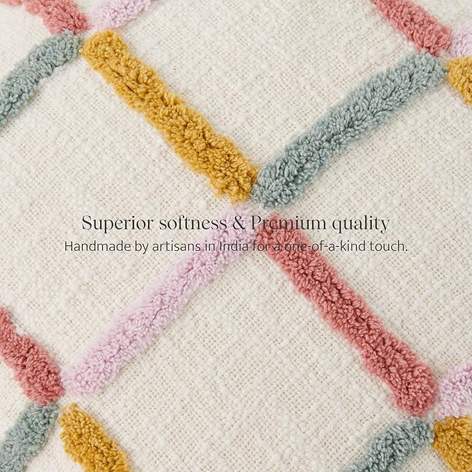 Double Stitch Checkered Throw Pillow Covers - 100% Cotton Tufted Boho Decorative Pillow Covers 20x20, Made in India, Square Plaid Cushion Case, Modern Home Decor for Couch, Sofa, Living Room, Multi