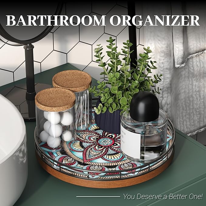 Oak Bohemia Lazy Susan 10.2" Turntable Organizer for Table Top with Ceramic 3D Boho Texture, Round Wooden Lazy Susan for Dining Table Decor, Kitchen, Countertop, Home Decor, Walnut Wood, Farmhouse