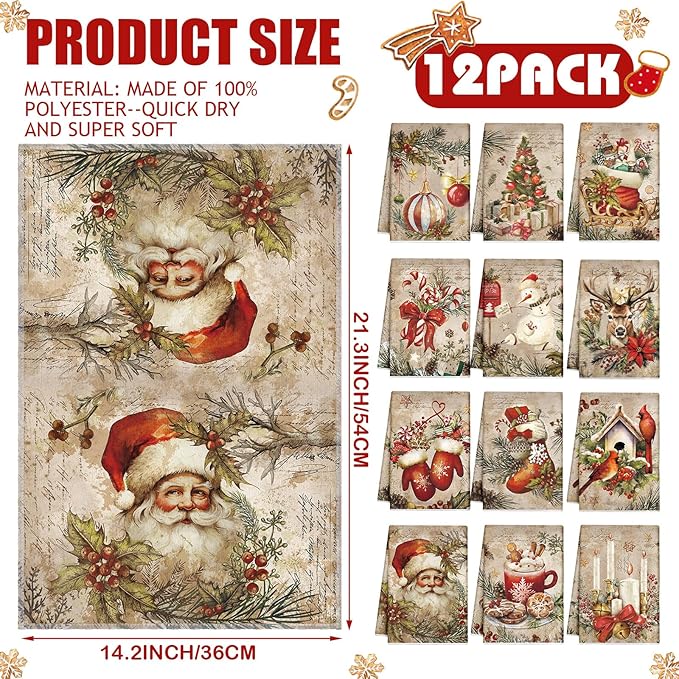 12 Pcs Christmas Kitchen Towels and Dishcloths Absorbent Christmas Tree Reindeer Truck Hand Dish Towels Decoration for Xmas Home Gift Supplies, 14.2 x 21.3 Inch(Retro Style)