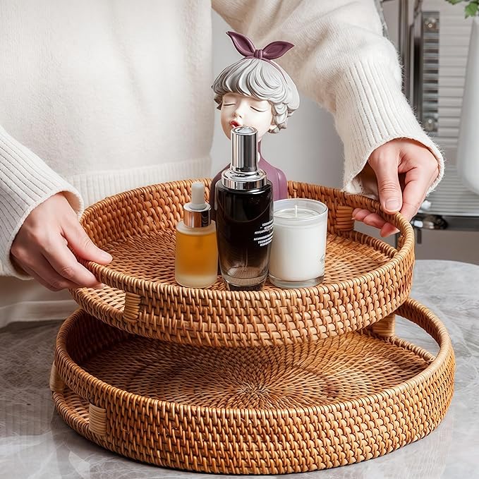 14.2" Round Rattan Tray, Hand Woven Serving Tray with Handles, Wicker Serving Basket, Decorative Tray for Home Decor, Natural