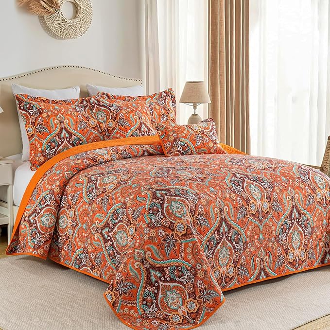 VAPUTAR Cotton Quilt King Size, King Size Quilt Bedding Set with Bohemian Damask Pattern-3Pieces Lightweight Reversible Soft Bedspread Coverlet (98 * 106 in) Suitable for All Season (Light Orange)