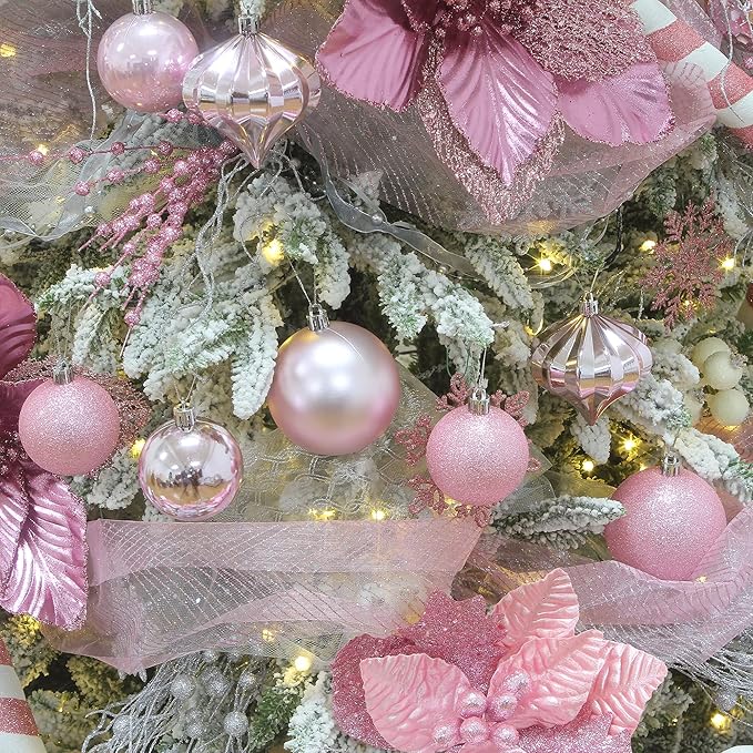Sea Team 41-Pack Christmas Ball Ornaments with Strings, 60mm/2.36-Inch Medium Size Baubles, Shatterproof Plastic Christmas Bulbs, Hanging Decorations for Xmas Tree, Holiday, Wedding, Party, Pink