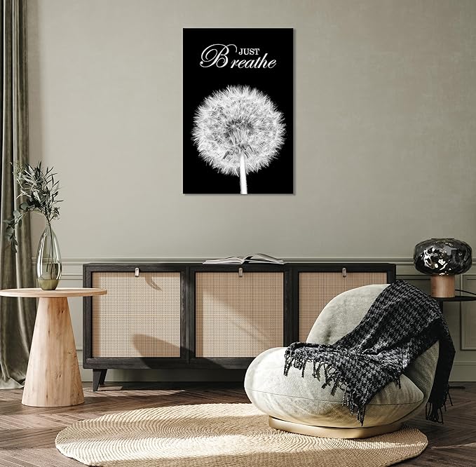 YIOZHAOFH Black Dandelion Picture Artwork Bedroom Decoration Just Breathe Canvas Painting Photo Relaxing Meditation Art Wall Decor Framed for Home Room Office (24L x 36W)