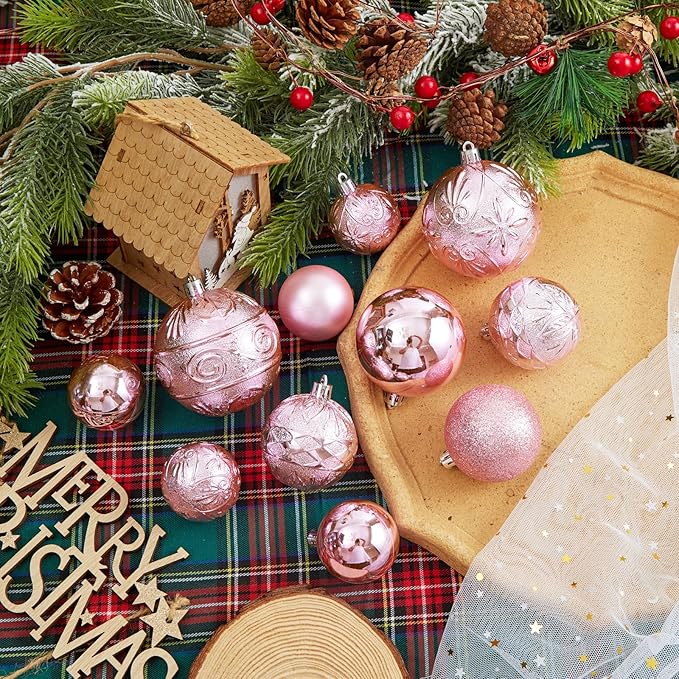 Wironlst Christmas Ball Ornaments - 30pcs Shatterproof Plastic Christmas Ornaments Hanging Ball Decorations for Xmas Tree, Holiday, Wedding, Party (Multi-Size, Pink)