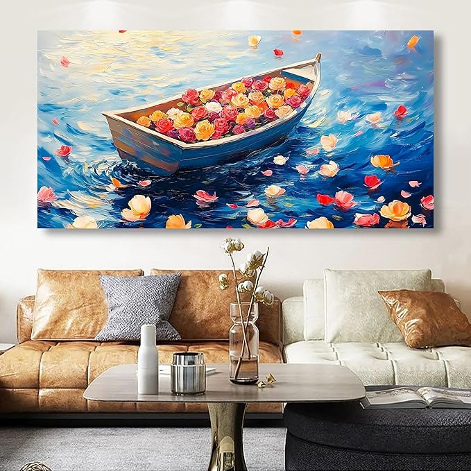 Flowers Boat Oil Pictures Wall Art Bedroom Wall Decor Living Room,Ocean Canvas Wall Art Office Farmhouse Paintings Artwork Modern Rose Colorful Flower Petals Blue Sea Waves Wall Art Prints 20 * 40inch
