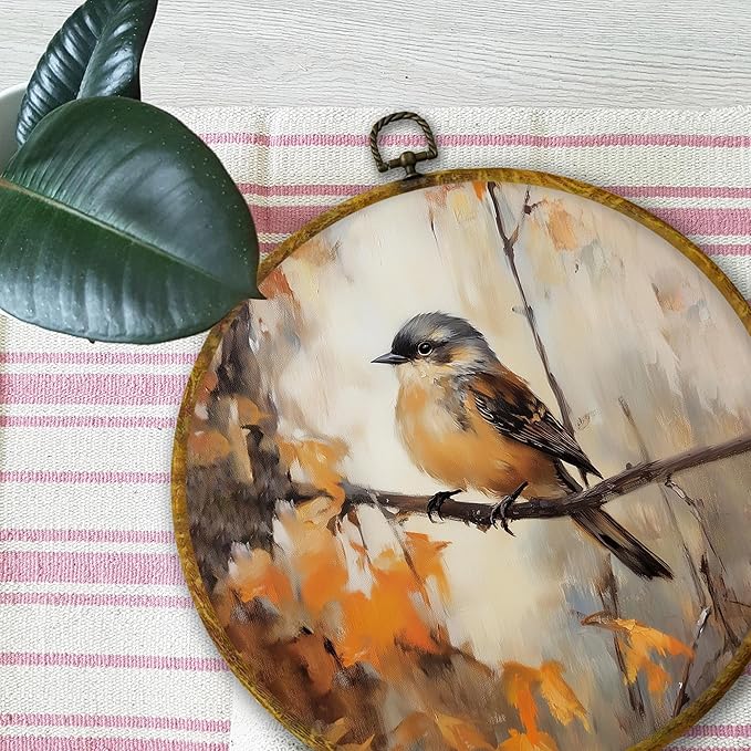 Mcehtle Vintage Fall Bird Wall Art Decor, Rustic Autumn Bird on Branch Framed Canvas Prints 10x10, Retro Thanksgiving Farmhouse Round Wall Hanging Artwork Decorations for Home Bedroom Gallery