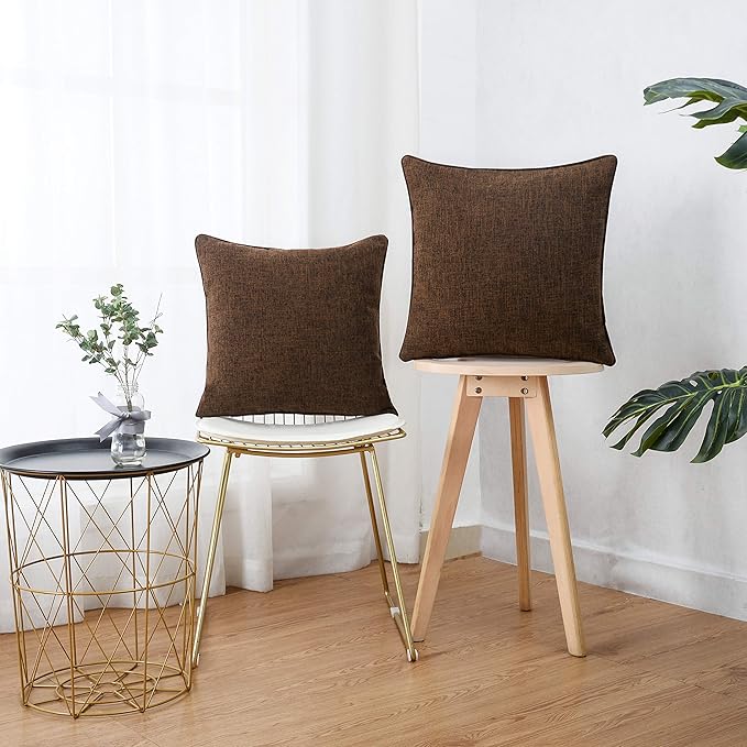 HPUK Linen Throw Pillow Covers Pack of 2, 18x18 Inch Accent Cushion Covers for Living Room, Bedroom, Decorative Solid Color Pillow Covers for Couch, Sofa, Chair, Chocolate