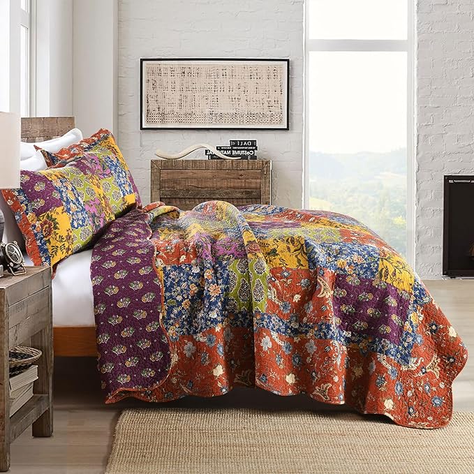 Secgo Queen Comforter Set for Bed - 100% Cotton Quilts Queen Size, Black Bedspreads (90 * 98 Inch) with 2 Pillow Shams, Patchwork Reversible Lightweight Bedding