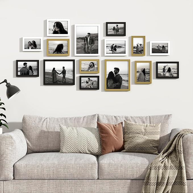 15 Pack Picture Frames Collage Wall Decor, Gallery Frame Set for Wall Mounting or Tabletop Display, Multi Sizes Including 3pcs 8x10, 6pcs 5x7, 6pcs 4x6, Black+White+Gold