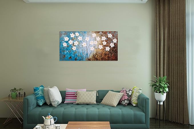 Yihui Arts Flower Painting Hand Painted 3D Brown Light Blue White Canvas Wall Art Giant Contemporary Plant Pictures for Bedroom Living Room Dinning Decoration