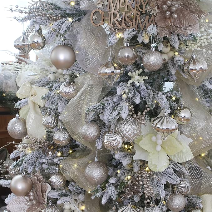 Sea Team 41Pcs Christmas Baubles Set Shatterproof Plastic Christmas Baubles with Strings Hanging Decorations for Christmas Tree Party Wedding Medium (Champagne, 60mm)