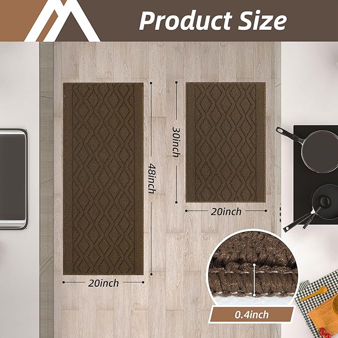 COSY HOMEER 48x20 Inch/30X20 Inch Kitchen Rug Mats Made of 100% Polypropylene 2 Pieces Soft Kitchen Mat Specialized in Anti Slippery and Machine Washable,Brown