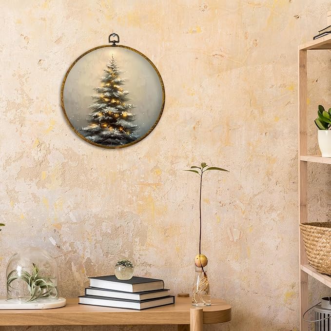 CUANFDDSF Vintage Christmas Tree Round Wall Art Decor, Rustic Cottagecore Forest Winter Xmas Tree Wall Hanging Frame Decor, Farmhouse Christmas Canvas Prints Decorations for Home Bedroom, 10x10 Inch