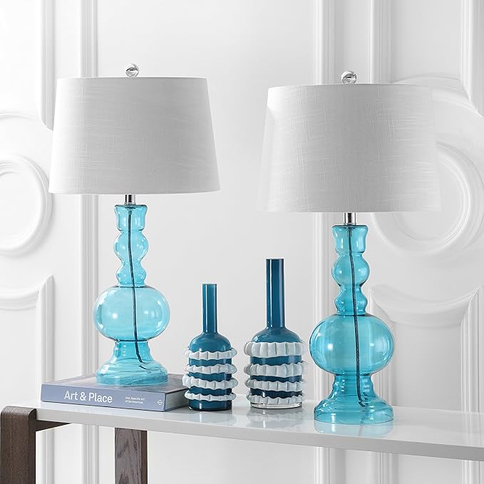 JONATHAN Y JYL1061A-SET2 Set of 2 Table Lamps Genie 28.5" Glass LED Table Lamp Contemporary Transitional Bedside Desk Nightstand Lamp for Bedroom Living Room Office College Bookcase, Aqua