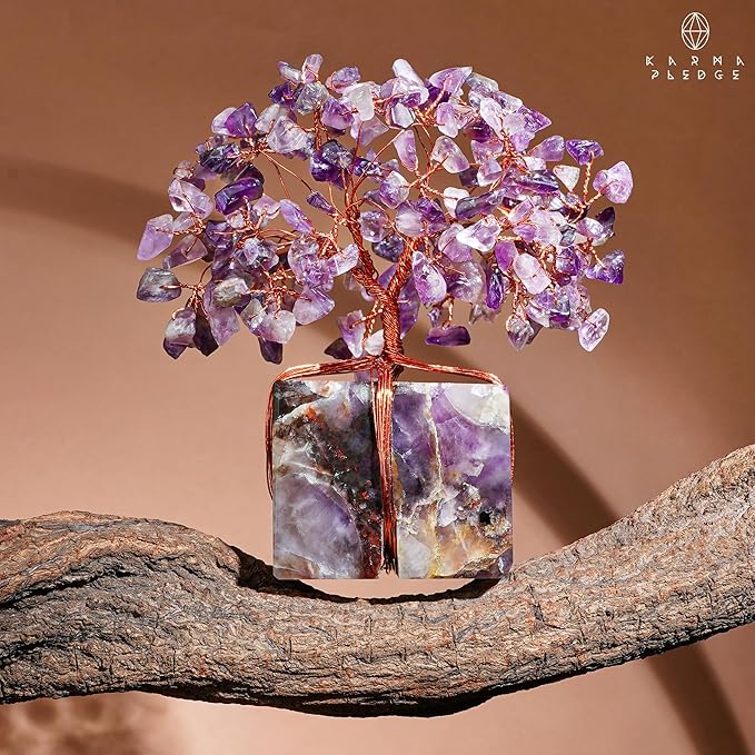 Crystal Tree of Life for Home and Office Decor, Handmade Raw Crystal Base Amethyst Chakra Healing Crystal Tree for Positive Energy, Money, Good Luck, Christmas Décor, Birthday Gifts for Women