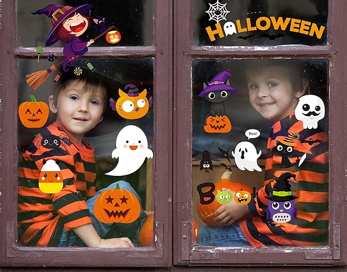 MISS FANTASY Halloween Window Clings - Halloween Window Decorations Stickers Decals Decor Cute Pumpkin Ghost Decor for Room Bathroom Kitchen
